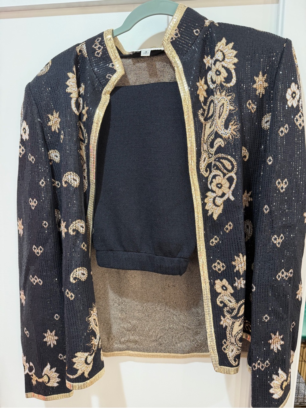 St. John Black and Gold Embellished Knit Jacket and Skirt Set